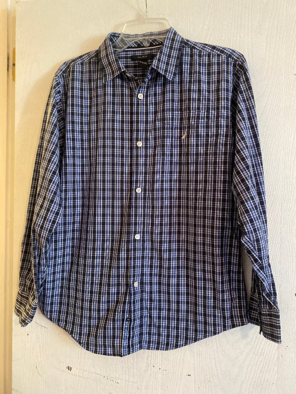 Nautica Button Down Shirt Mens XL (18/20) Blue Black Plaid Cotton Long Sleeve